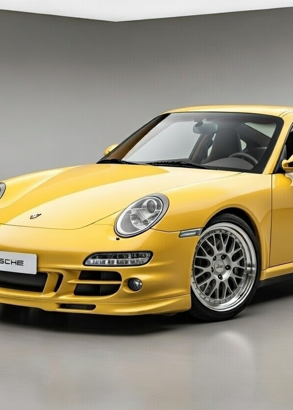 A bright yellow Porsche 911 Carrera RS sports car photographed in a clean studio setting with a gray floor and light gray wall.